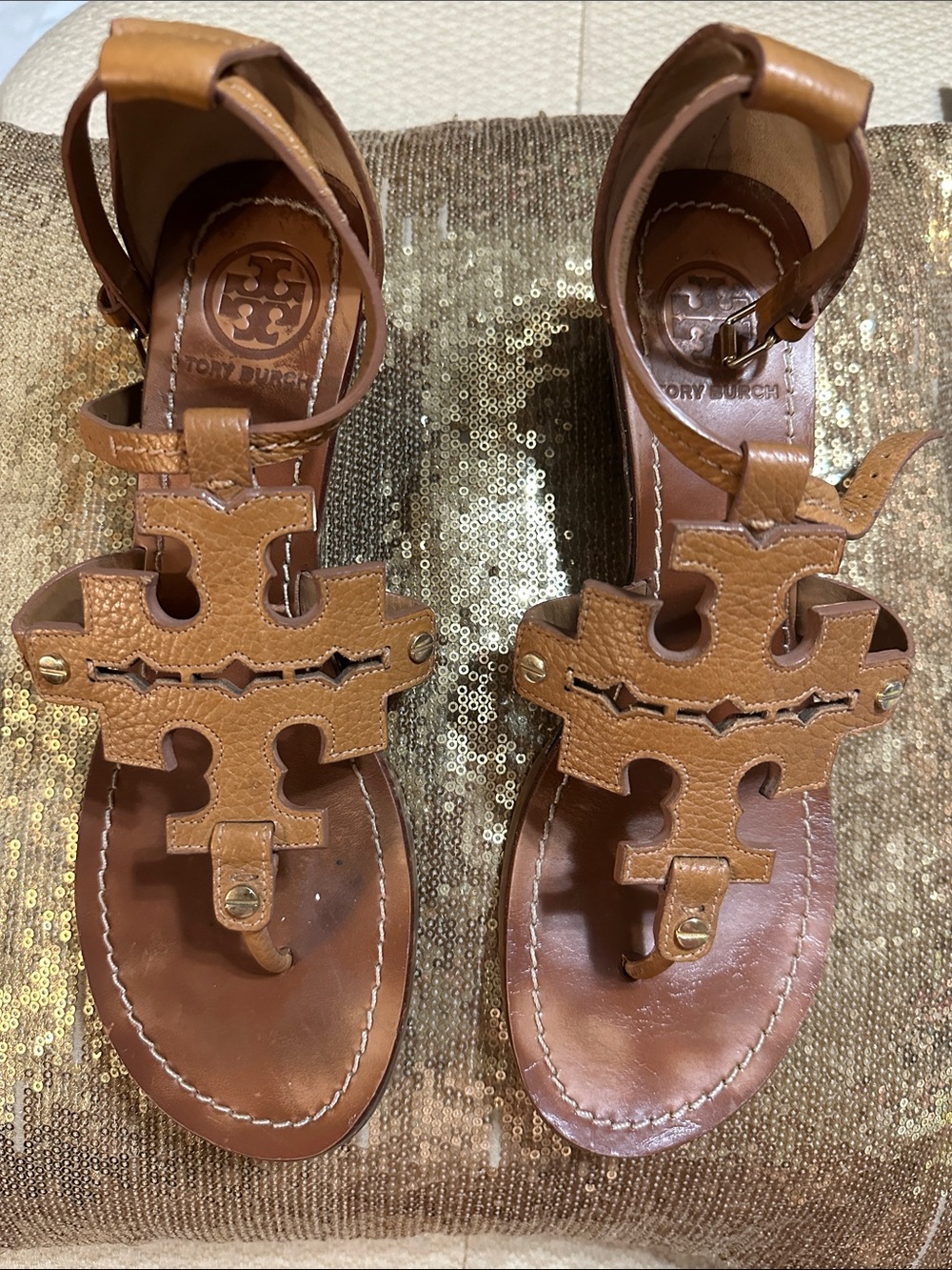 Tory Burch Leather Logo T-Strap Sandals
